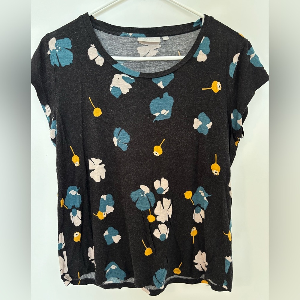 InWear Black Short Sleeve Floral Tee with Teal & Mustard Accents - Size Small